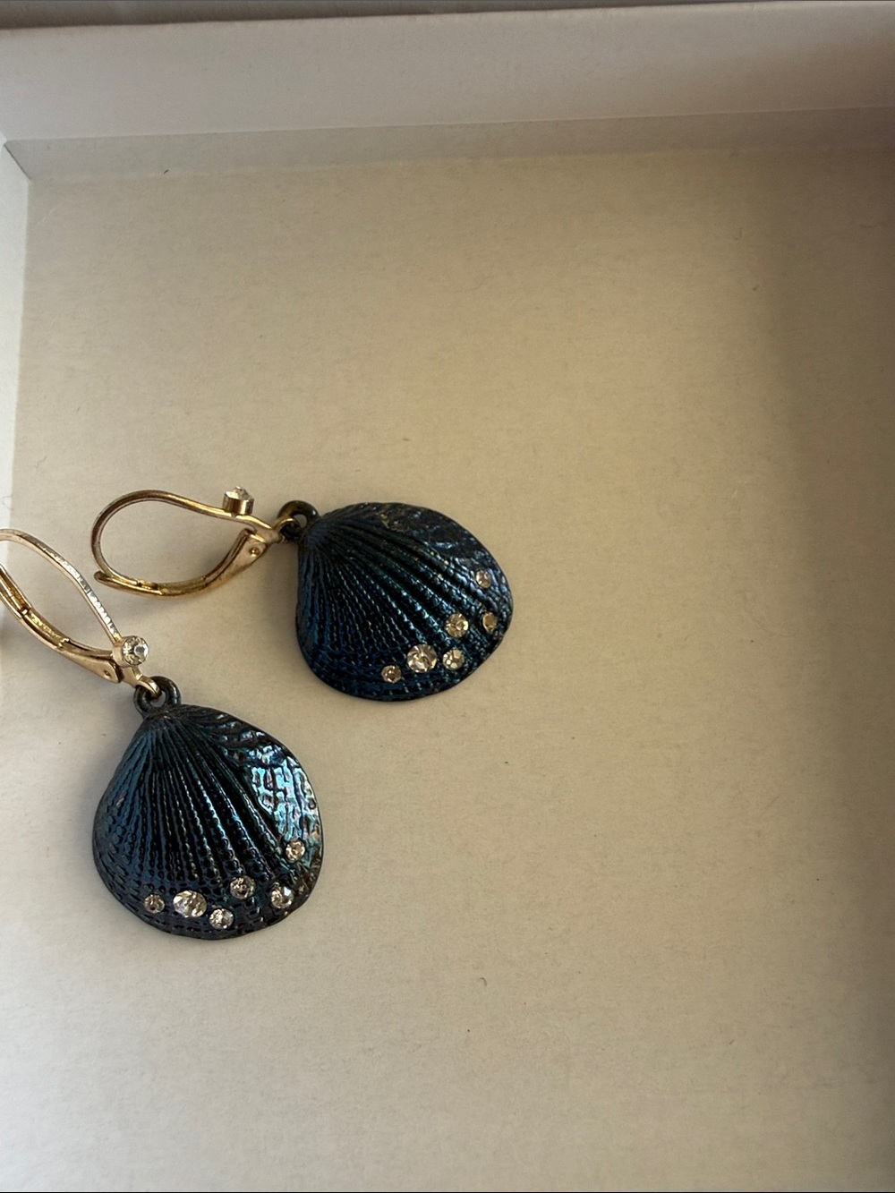 Dark Teal Shell Drop Earrings with Gold Accents - Picture 6 of 8